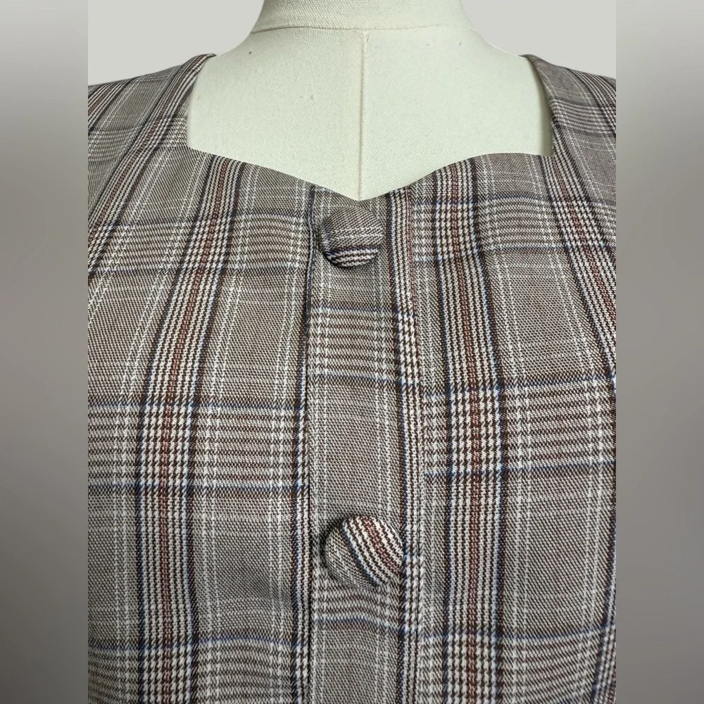Plaid Dress Women Size Medium Brown Midi Sweetheart Neckline Puff Short Sleeves - Picture 10 of 11